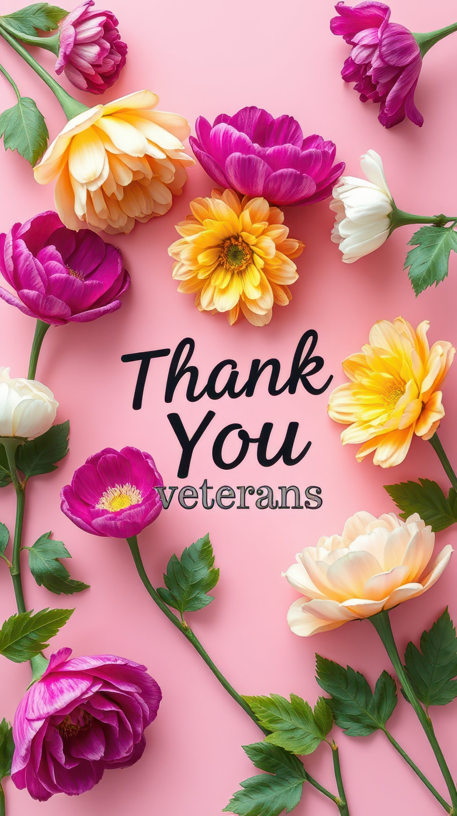Beautiful floral arrangement expressing gratitude to veterans with vibrant colors on a pink background